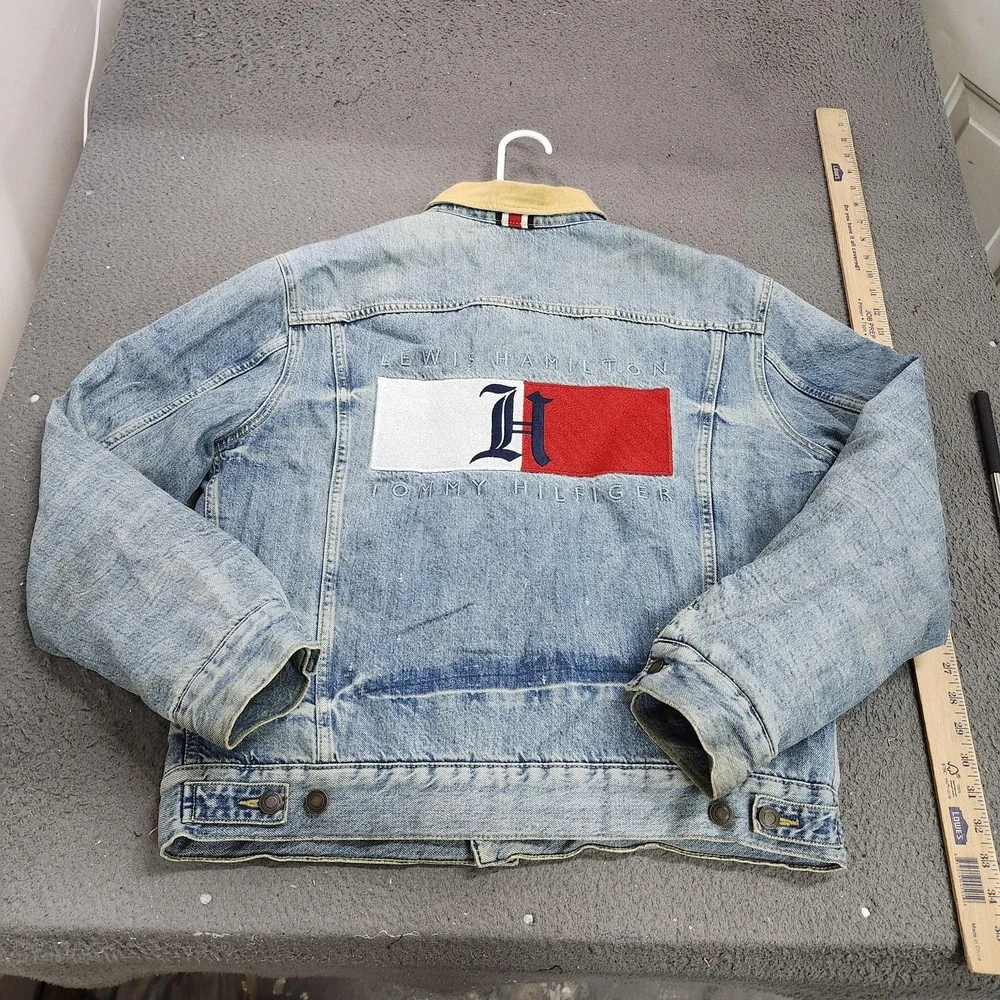 Tommy Hilfiger Lewis Hamilton Jacket Mens XL Blue Denim Bomber Button Lined
